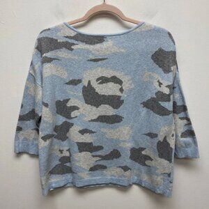 Kinross Cotton Cashmere Blue Gray Camo Round Neck 3/4 Sleeve Pullover Sweater S